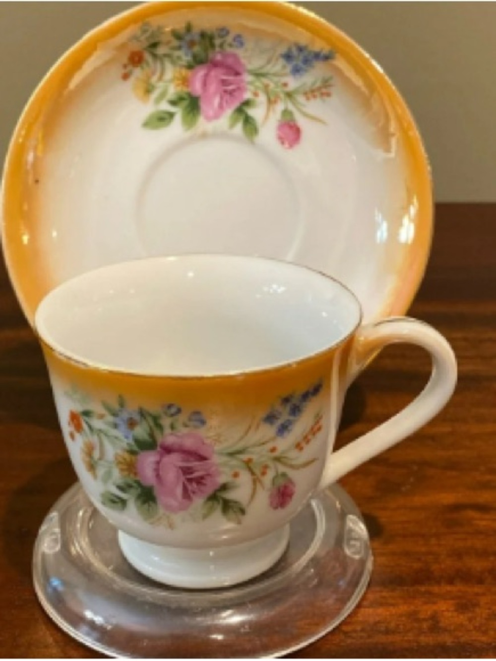 Yellow Rim Floral Porcelain Tea Cup and Saucer Set